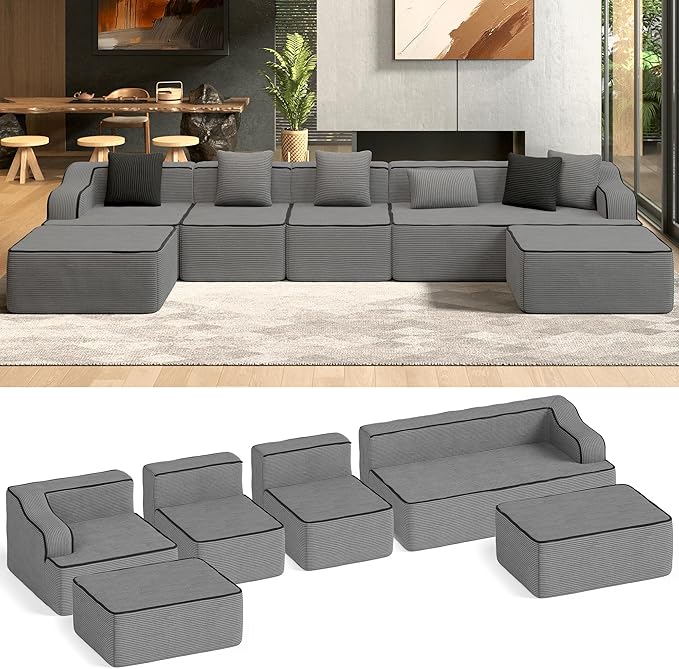 HERA'S HOUSE 163" Cloud Sectional Couch, Oversized U-Shaped Modular Upholstered Sofa with Ottomans, Corduroy Boneless Couches with 6 Throw Pillows for Living Room, No Assembly Required, Grey