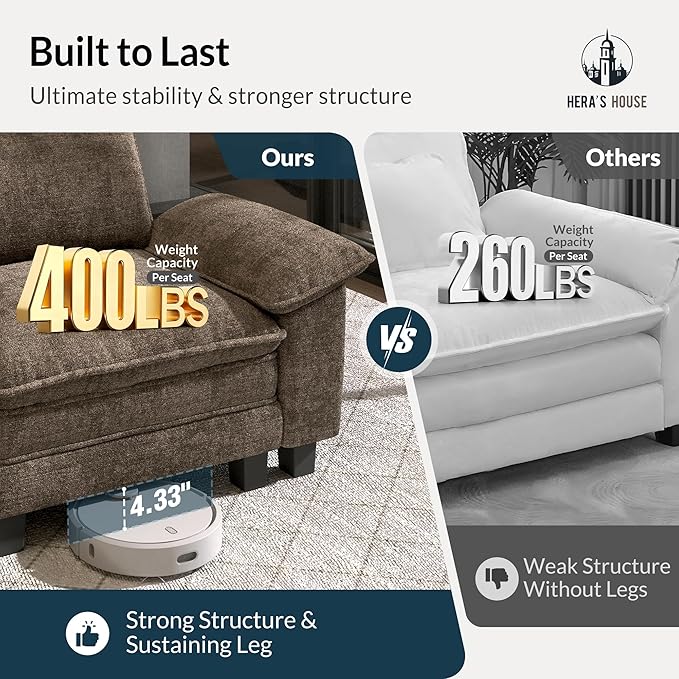 HERA'S HOUSE 2 Pieces Modular Sectional Sofa Sets, Oversized Couch Set with Loveseat and Armchair, Comfy Cloud Couches with Throw Pillows, 3-Seater Deep Seat Sofa for Living Room, Chenille Taupe
