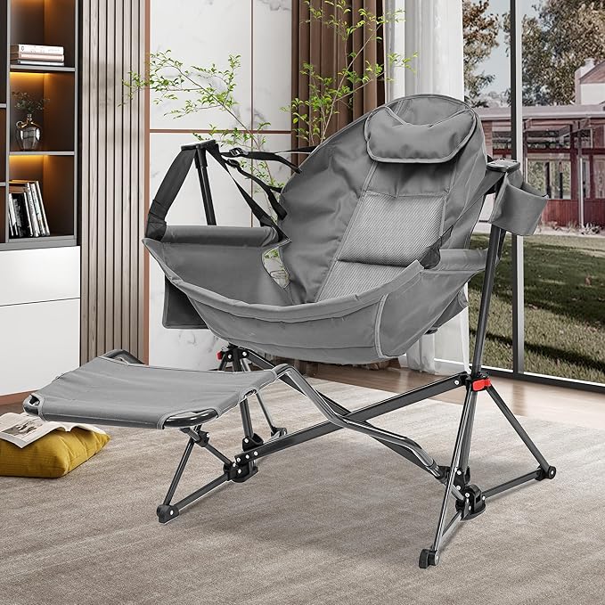 GDY Patio Camping Chairs, Oversized Hammock, Folding Rocking Chairs, Adjustable Back Swing Chairs, Cup Holder, Outdoor Beach Lawn, Gray