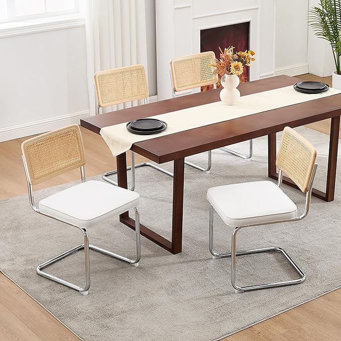 Zesthouse Rattan Dining Chairs Set of 6, Mid Century Modern Dining Room Chairs with Natural Cane Mesh & Chrome Base, White Cesca Chair Velvet Fabric, Farmhouse Kitchen Chair with Solid Wood Frame Back