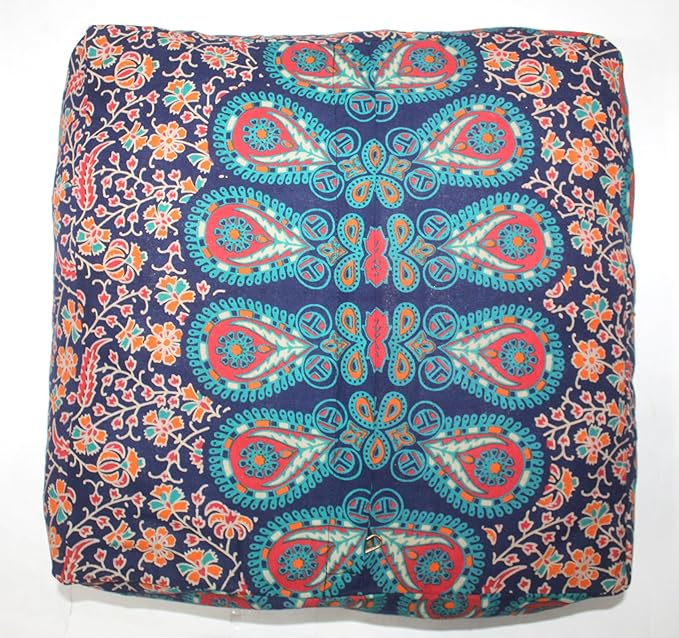 CRAFT KALA Large Hippie Mandala Meditation Floor Ottoman Pillow Cushion Pouf Cover Square Poufs Bohemian Circle Floor Cushion Case Outdoor Fireplace Yoga Living Room Decor Cover Orange, 16" Square