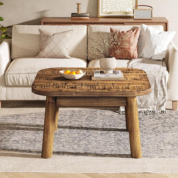 TRIBEWOOD Solid Wood Square Coffee Table, 31.5-Inch Farmhouse Center Table with Rounded Corners, for Living Room, Office, Apartment, Small Places, Easy Assembly, Rustic Brown