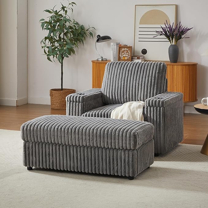 Eafurn 42.5" Oversized Accent Chair with Storage Ottoman Convertible Chaise Lounge, Corduroy Cloud Sofa Chair w/Cupholders, Modern Extra Wide Armchair
