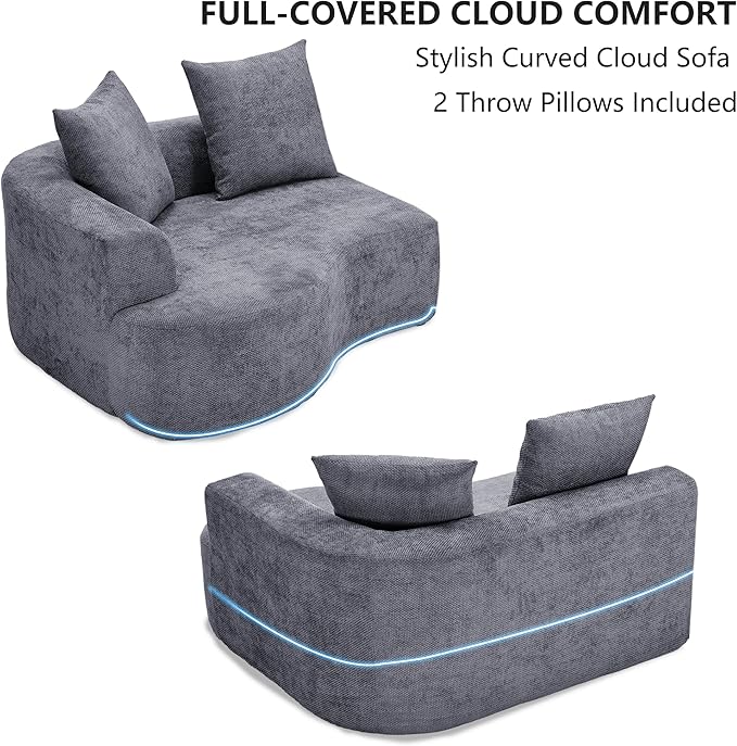 L Shaped Single Sofa, Modern Comfy Chenille Fabric Loveseat Couch, No Assembly Required Small Couch with Deep Seat, 2 Pillows for Living Room, Apartment, Bedroom