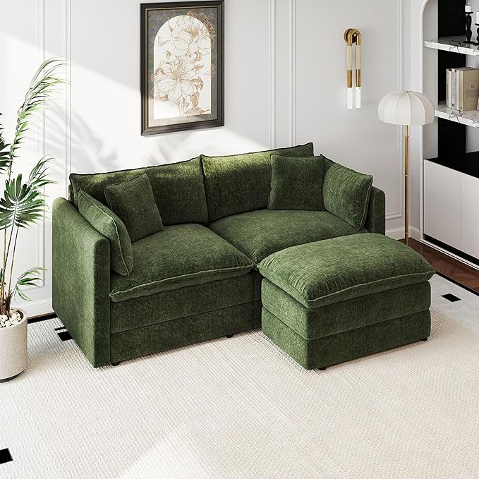 Aoowow Modular Sectional Sofa Modern Convertible Loveseat Couch,77.16 Inch Deep 2-Seater Sofas Comfy Chenille Cloud Sofas and Couches Set with Movable Ottoman for Living Room Apartment（Green）