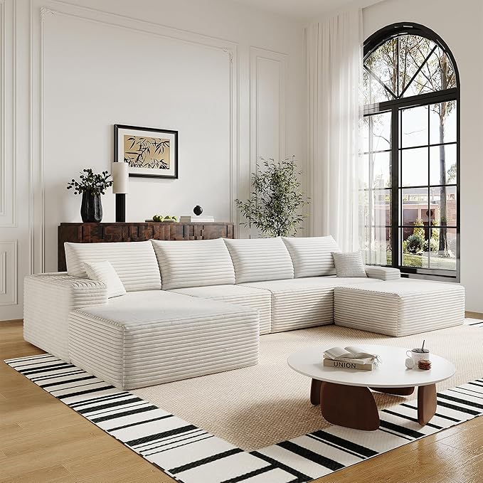 AUGOP 136" Sectional Couches for Living Room Modern Modular Sofa with L-Shape Couchs Upholstered Boneless Couch Deep Seat Sectional Couch with Chaise (White, Left Facing Chaise+3Seaters+Ottoman)