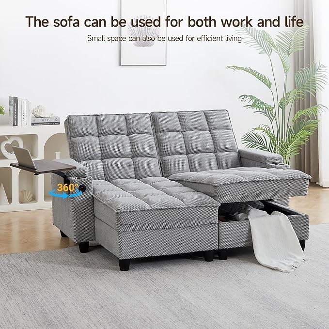70.9'' Double Chaise Lounge with 360 degree rotatable side table, Comfy Corduroy Indoor Lounge Chair with Armrest Storage, Cup Holder, USB Port, and Pillow for Living Room or Bedroom (light gray)