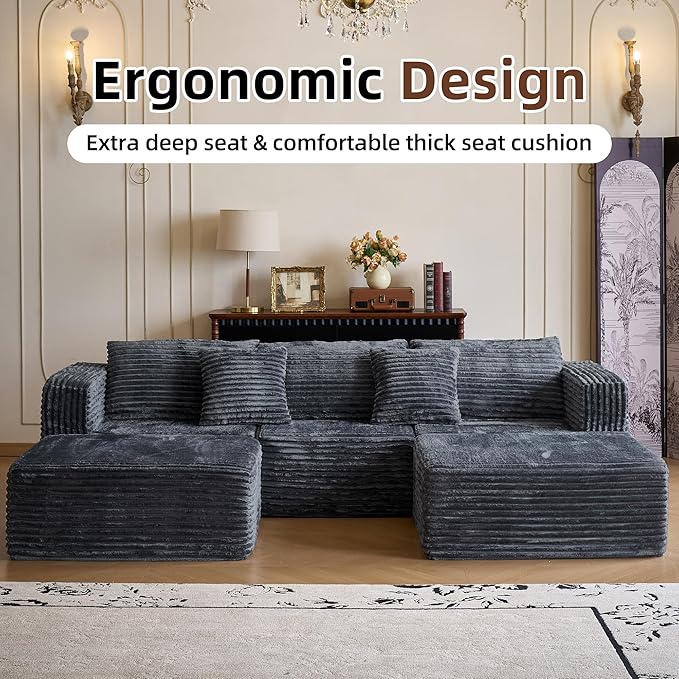 110" Modular Sectional Couch with 2 Movable Ottoman, Cloud Sofa Couches for Living Room, U Shaped Deep Seat Boneless Sofa,Luxury Corduroy Fabric, No Assembly Required Grey