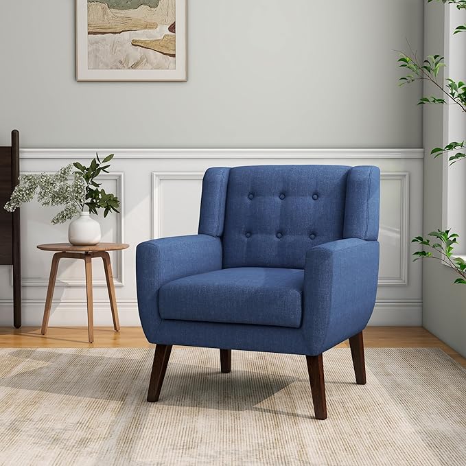 Accent Chair, Mid-Century Modern Fabric Chairs with Arms for Living Room, Comfy Upholstered Club Single Sofa Armchair for Bedroom Waiting Room with Solid Wood Frame (Fabric Navy Blue, Set of 2)