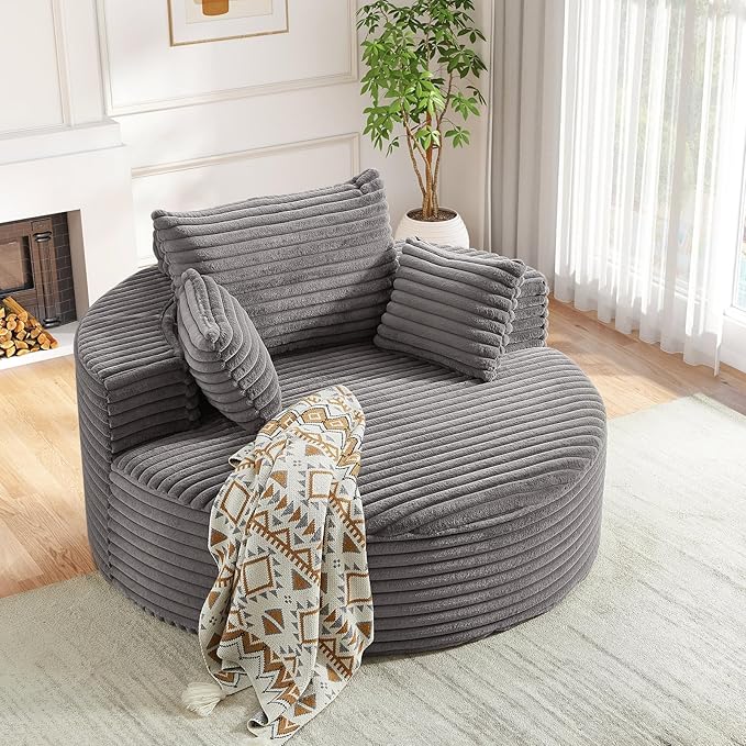 Oversized Round Chaise Longue Chair Indoor, Modern 55-inch Upholstered Corduroy Deep Seat Circle Single Cloud Lounge Floor Sofa Chair for Living Room, Bedroom Apartment, Grey