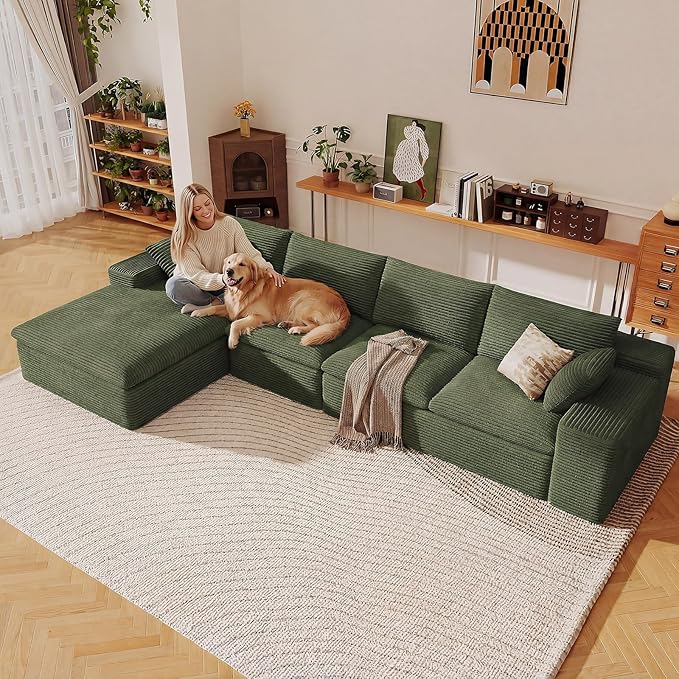 136" Cloud Sectional Couch with L-Shape Chaise, Modern Corduroy Viral Boneless Sofa for Living Room,Memory Foam Couches in a Box with Deep Seat,No Assembly Required (Green,Left-Facing Chaise)