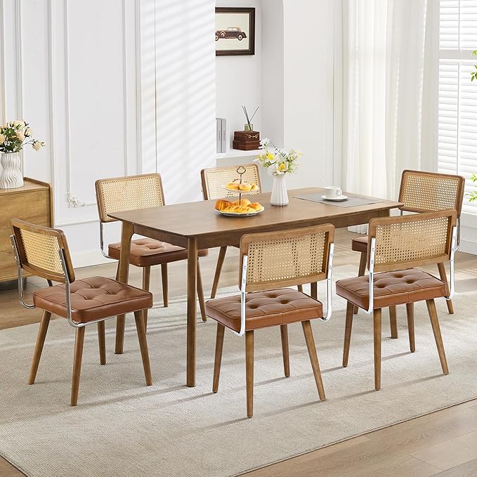 GarveeHome Natural Rattan Dining Chairs Set of 2, PU Upholstered Kitchen Chairs with Tall Cane Backrest and Strong Wood Legs for Dining Room, Kitchen, Restaurant, Brown