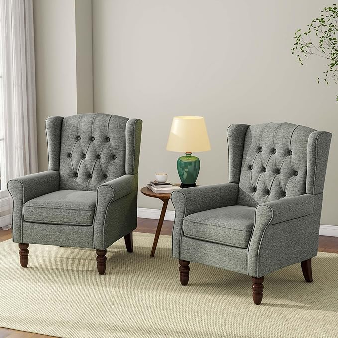 DREAMSIDEA Accent Chair, Upholstered Armchair with Button Tufted High Back & Solid Wood Legs, Comfy Wingback Reading Single Sofa Chair for Small Spaces, Living Room, Bedroom (Grey, Set of 2)