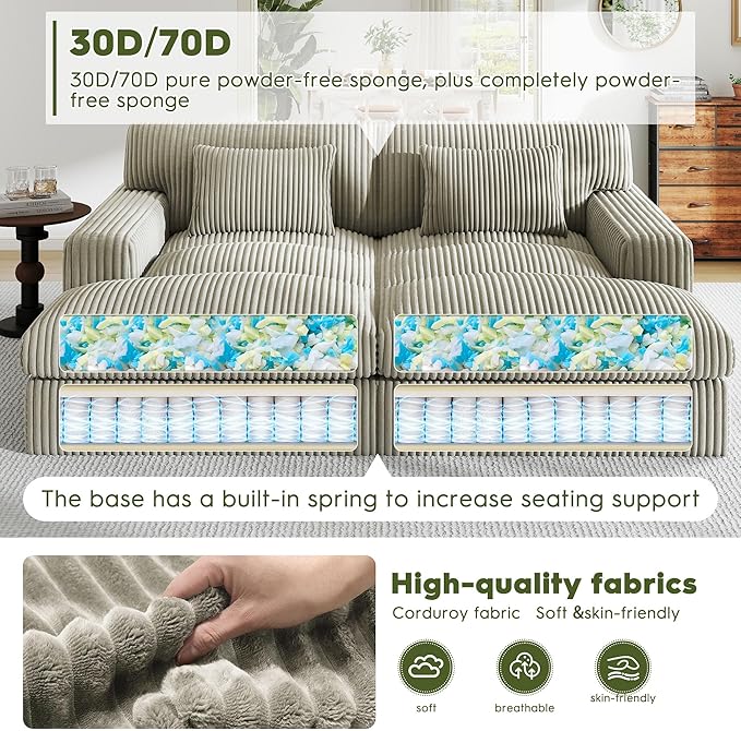 83" Oversized Chaise Lounge Sofa Chair Indoor，Soft Corduroy Fabric, Boneless sofawith Cushion，A Comfortable, deep-Seated Cloud Sofa for use in The Living Room.(2-Seater-Gray)