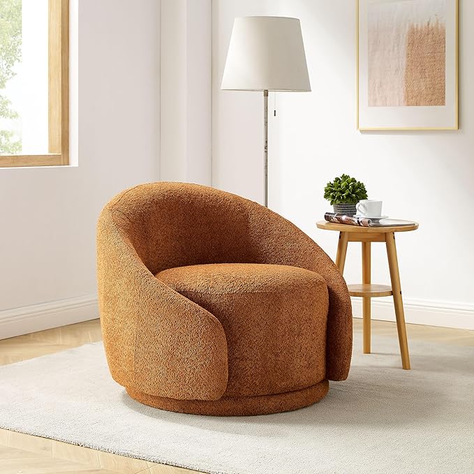 VANOMi Swivel Barrel Chair, Upholstered Modern Round Accent Arm Chairs, 360° Swivel Single Sofa Armchair for Living Room and Bedroom, Curry Boucle