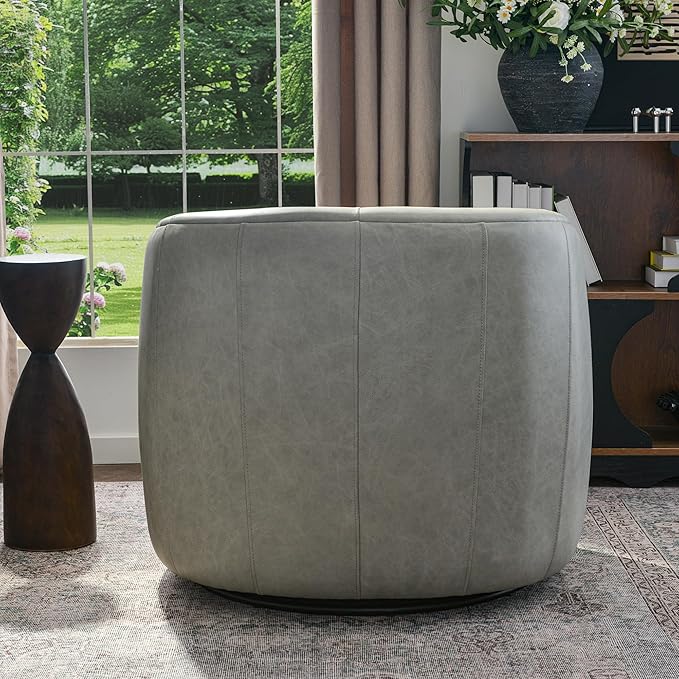 KINWELL 33'' W 100% Top Grain Genuine Leather Swivel Barrel Armchair No Assembly Round Upholstered Leather Swivel Accent Chairs with Toss Pillow for Living Room Office Lounge, Light Gray