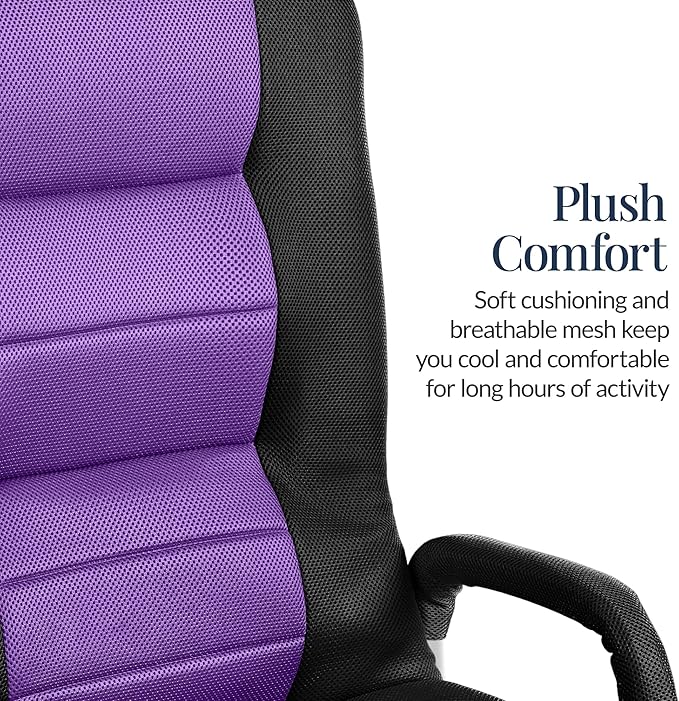 Best Choice Products Swivel Gaming Chair 360 Degree Multipurpose Floor Chair Rocker for TV, Reading, Playing Video Games w/Lumbar Support, Armrest Handles, Adjustable Foldable Backrest - Black/Purple