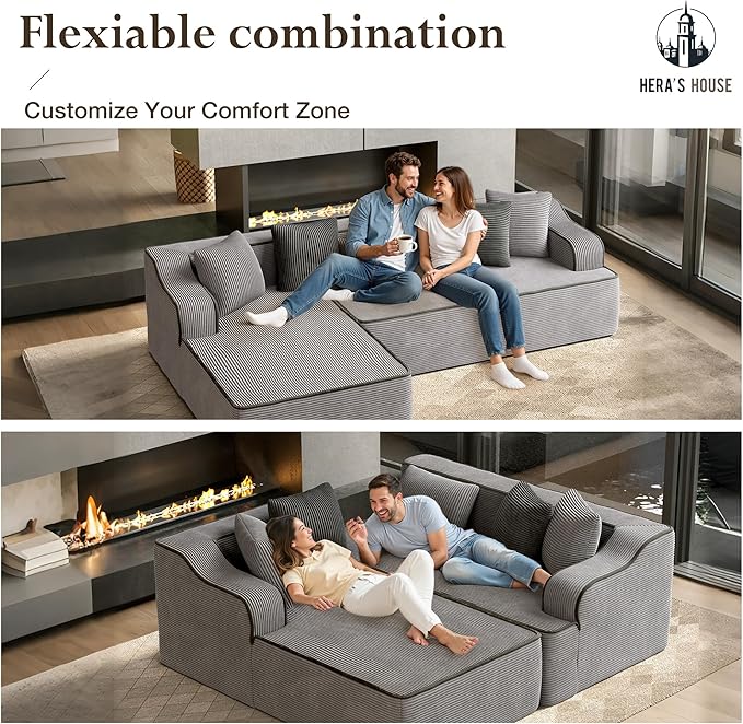 HERA'S HOUSE 105" Cloud Sectional Couch, Modular Upholstered Sofa with L-Shaped Chaise, Corduroy Boneless Couches with Wide Armrest and 5 Throw Pillows for Living Room, No Assembly Required, Grey