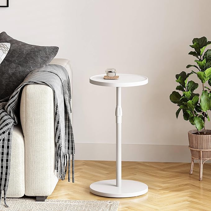 IRCPEN Adjustable End Table, Small Round Side Table, Drink Table for Small Spaces, Pedestal Nightstand for Living Room, Bedroom, Sofa Couch, White ET-010WW