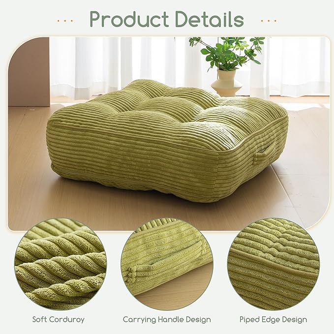 6" Washable Floor Pillow Cushion for Adults, Meditation Cushion Pillow, Large Square Floor Sitting, Removable Tufted Corduroy Cover, for Tatami Living Room or Yoga, 22x22 Inch, Machine Washable