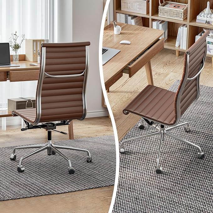 OTDMEL Armless Ribbed Office Desk Chair with Top Grain Leather, High Back Ergonomic Swivel Room Chair, Adjustable Height 5-Star Base, Brown