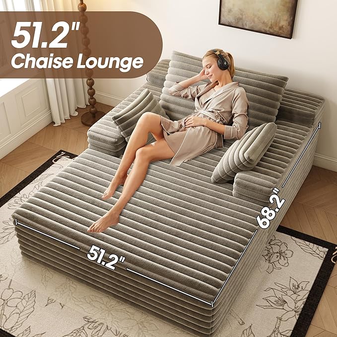 Oversized Chaise Lounge Chair Indoor,51"W Upholstered Sofa Bed,No Assembly Required,Fluffy Plush Modern Single Sleeper Couch Reading Chairs Corduroy Cloud Sofas Couches for Living Room, Bedroom,Camel