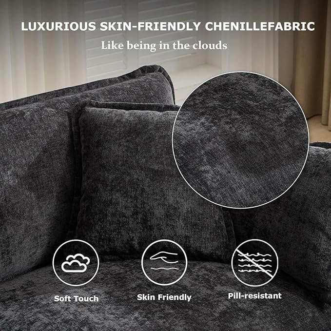 SoarFlash 113.78" Chenille Sectional Sofa, Comfy Modular Loveseat Sofa, Modern 3-Seat Couch Deep Seat Sofa Set for Living Room,Black