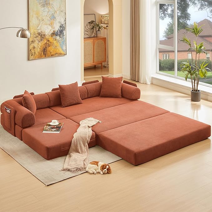 L Shaped Convertible Modular Sofa Bed with Cylindrical Pillow & Reversible Chaise, Corduroy Folding Floor Sofa Couch Bed with Fixed-Shape Frame & Storage Pocket for Living Room, Orange