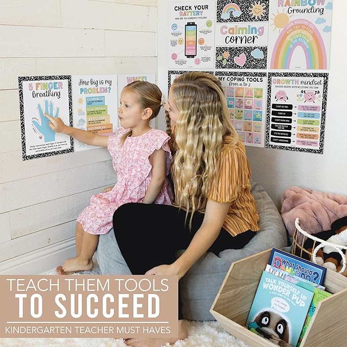 Hadley Designs 9 Calming Corner Posters For Classroom Must Haves For Teachers - 11x14 Calm Down Corner Supplies, Feelings Chart For Kids Ages 4-8, Feelings Wheel Poster, Pastel Classroom Decor