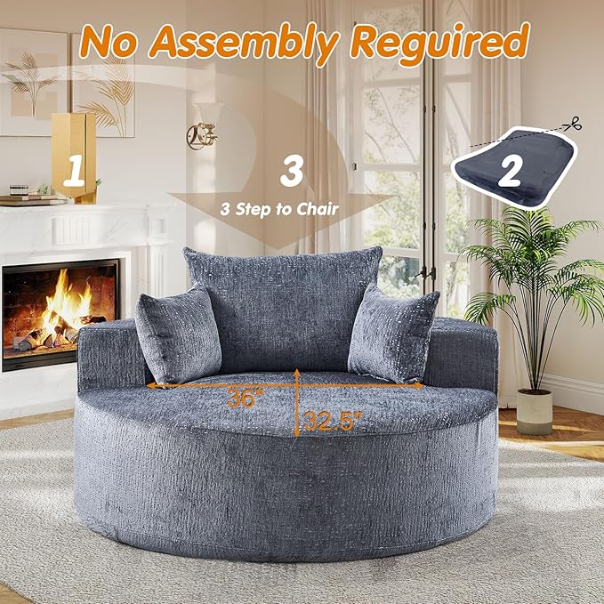 55"W Oversized Round Chair Lounge Chaise Indoor, Upholstered Comfy Circle Sofa Armchair, Modern Cozy Boneless Foam Floor Reading Chair for Living Room, Bedroom, No Assembly Required(Chenille, Grey)