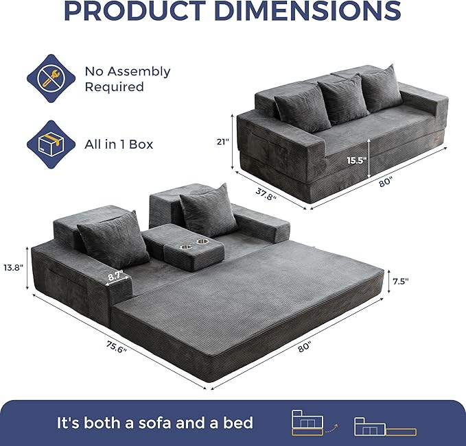 MAXYOYO Convertible Sofa Bed, 80" Oversized Boneless Loveseat Couch 4 in 1 Foldable Floor Sofa Couch in A Box with 2 Cup Holders, Folding Sleeper Chair for Living Room, No Assembly Required, Dark Grey