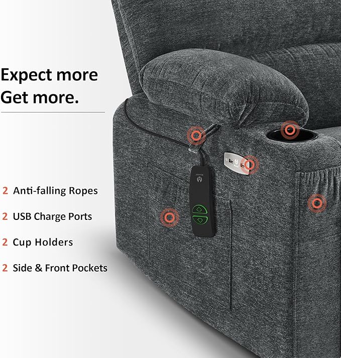 MCombo Small Power Lift Recliner Chair for Elderly, Petite Power Lift Chair with Heat and Massage for Seniors, Cup Holders, USB & Type C Ports, Fabric R7093 (Dark Grey, Small-Wide)