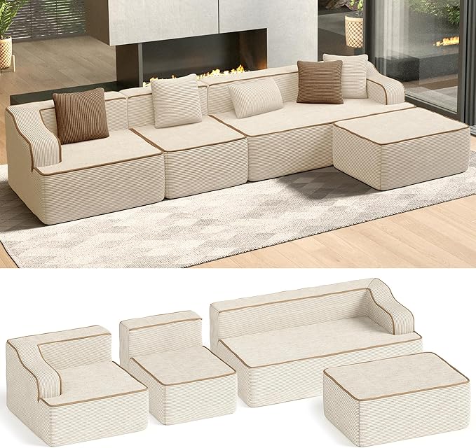 HERA'S HOUSE 134" Cloud Sectional Couch, L-Shaped Modular Upholstered Sofa with Ottoman, Corduroy Boneless Couches with Wide Armrest and 5 Throw Pillows for Living Room, No Assembly Required, Beige