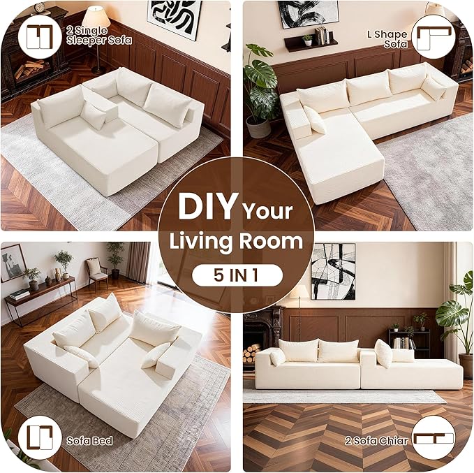 106" Cloud Sectional Boneless Couches for Living Room, Modular U Shaped Couch with Deep Seat, Removable Ottoman, Memory Foam Compressed Spineless 4 Seater Sofa for Bedroom Apartment, Beige