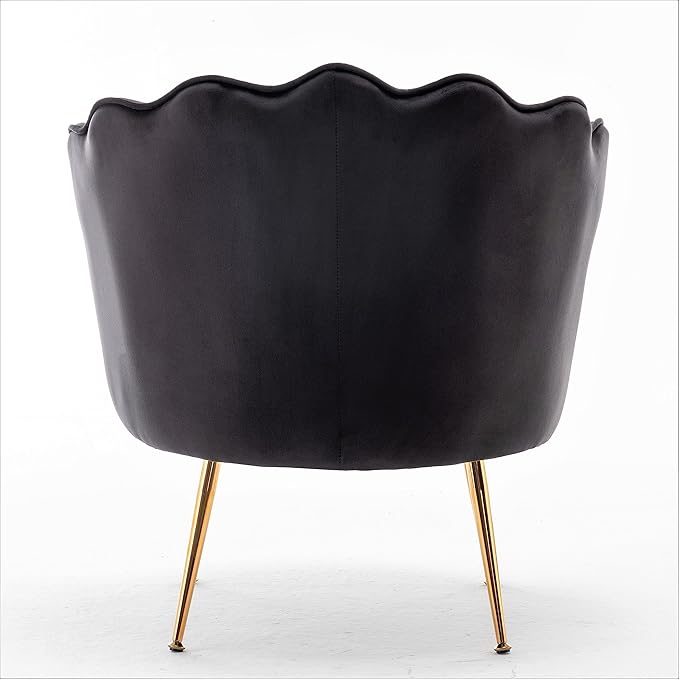 Container Furniture Direct Velvet Barrel Accent Chair with Scalloped Silhouette and Gold Metal Legs, Decorative Piece Suitable for Traditional, Modern, and Contemporary Spaces, Black