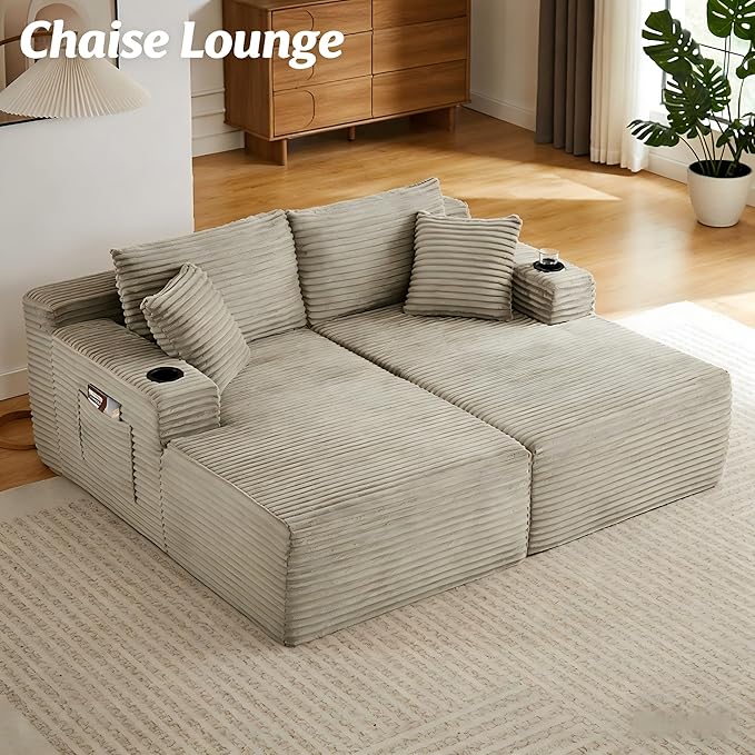 134" Modular Cloud Sectional Sleeper Sofa Couch for Living Room, U Shaped 6 Seat Sofa with 2 Storage Pockets, 2 Pillows & 2 Cup Holders, No Assembly Required (Camel)
