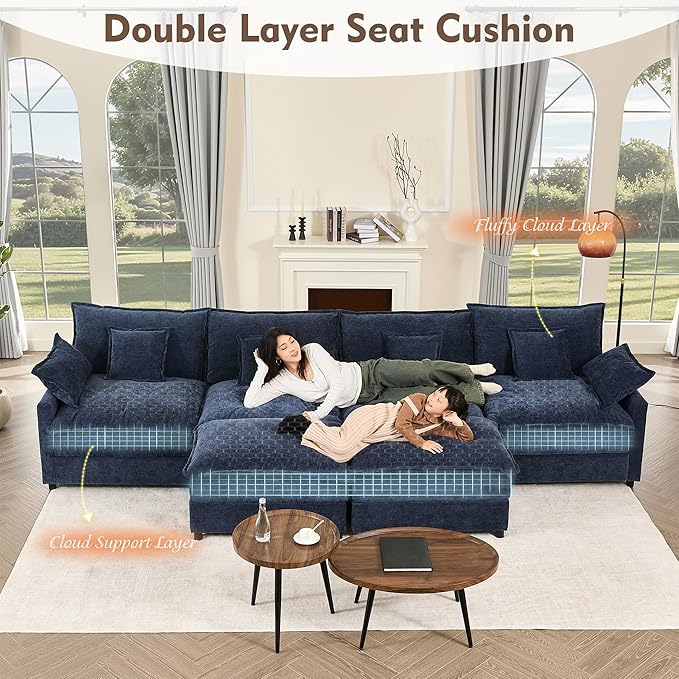 GOSUHI 142.5" U Shaped Couch, Modular Sectional Sofa, 3-Seater Comfy Cloud Couch with Movable Ottoman, Deep Seat Couches for Living Room, Chenille, Navy