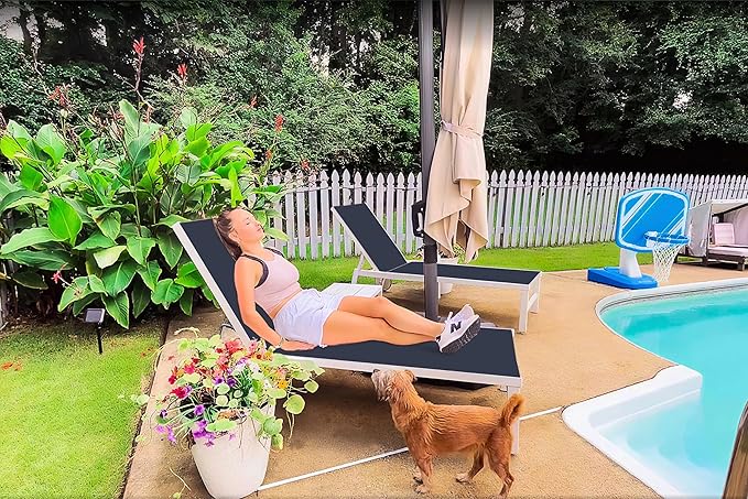 PURPLE LEAF Outdoor Chaise Lounge Set Elderly-Friendly Straight Legs Adjustable Sunbathing Recliner with Side Table for Back Support Poolside Beach Patio Lounge Chairs Navy Blue 2 Sets