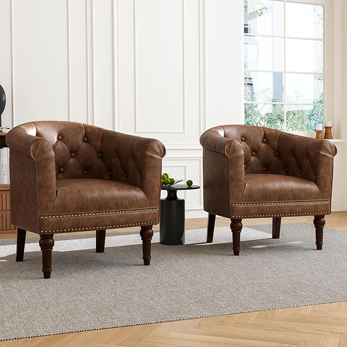 DREAMSIDEA Accent Chair, Upholstered Faux Leather Barrel Chair with Nailed Trim, Comfy Club Armchair for Reading Living Room Bedroom Waiting Room (Rust, Set of 1)