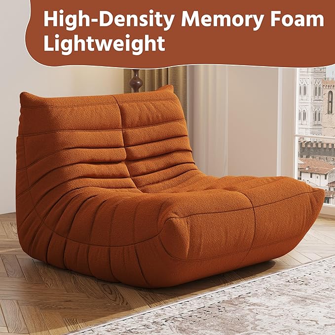 Bean Bag Chair Lazy Floor Sofa, Giant BeanBag Fireside Chair with Memory Foam Filled, Soft Bean Bag Comfy Couch for Teens Adults, Non-Slip Base Floor Lounge Chair, Living Room, Bedroom(Orange, Single)
