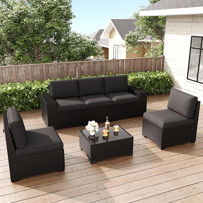 LayinSun 6 Pieces Patio Furniture Set, Black Rattan Modular Sectional Outdoor Conversation Sofa Set