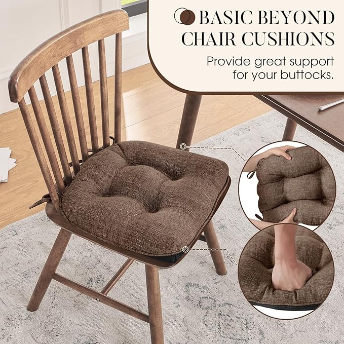 Basic Beyond Chair Cushions for Dining Chairs 6 Pack, Kitchen Chair Cushion with Ties and Non Slip Backing, 15.5 x 15.5 inches Tufted Chair Pads for Dining Chairs, Brown