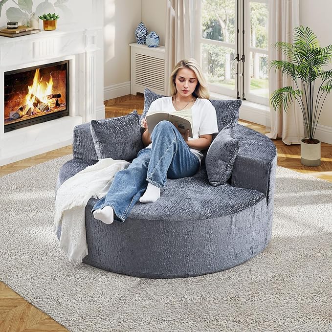 55"W Oversized Round Chair Lounge Chaise Indoor, Upholstered Comfy Circle Sofa Armchair, Modern Cozy Boneless Foam Floor Reading Chair for Living Room, Bedroom, No Assembly Required(Chenille, Grey)