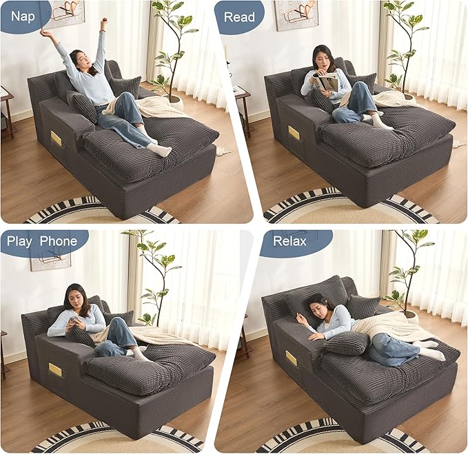63" Oversized Boneless Chaise Lounge Chair, Extra Cloud Layer, Convertible Sleeper Sofa Couch with Removable Pillows & Side Pockets, Corduroy Upholstered Sofa Bed with Armrests for Living Room, Grey