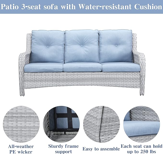 Belord Wicker Patio Furniture Sets - 13 Piece Outdoor Rattan Furniture Conversation Sets with 4 Swivel Rocker Chairs, 2 Rattan Sofas, Wicker Ottomans and Coffee Table, Light Grey/Baby Blue