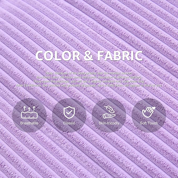 Bean Bag Chairs for Adults Giant Bean Bag Chair Memory Foam BeanBag Chair Bean Bag Sofa with Filler Faux Fur Fireside Beanbags Lazy Sofa for Living Room Bedroom Office (Purple Corduroy, Single)
