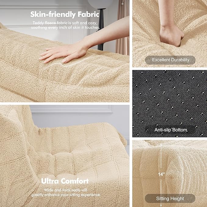 Bean Bag Loveseat Chair Big Sofa Beanbag Chair for Adults Fireside Chair Bean Bag Lounger with Memory Foam Filled for Home,Apartment or Gaming Venue（Khaki Teddy）