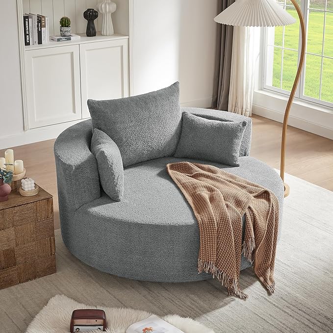 Merax 360° Swivel Chair, Chenille Fabric Accent Barrel Chair, Swivel Round Sofa Chair with 3 Removable Pillows for Living Room, Bedroom, Office and Hotel, Grey
