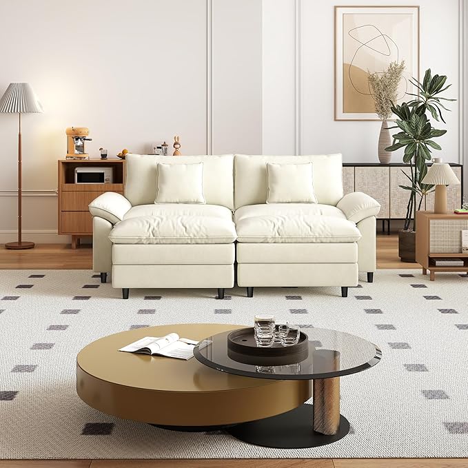 Aoowow Modular Sectional Sofa Modern Convertible Loveseat Couch,85 Inch Deep 2-Seater Sofas Comfy Chenille Cloud Sofas and Couches Set with 2 Movable Ottoman for Living Room Apartment(Beige)