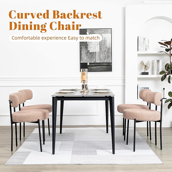 DYHOME Dining Chair One Chair,Boucle Dining Chair with Black Metal Legs,Upholstered Modern Kitchen Dining Room Chair Curved Backrest,Camel Color